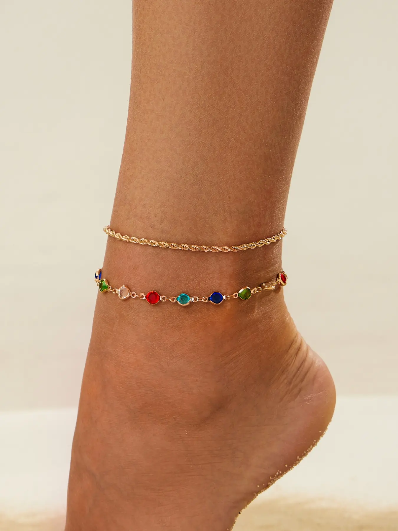 Women's Cute Colorful Crystal Anklet Set, Stackable Anklet, Summer Vacation Style Foot Jewelry, Lightweight Accessory for All Seasons