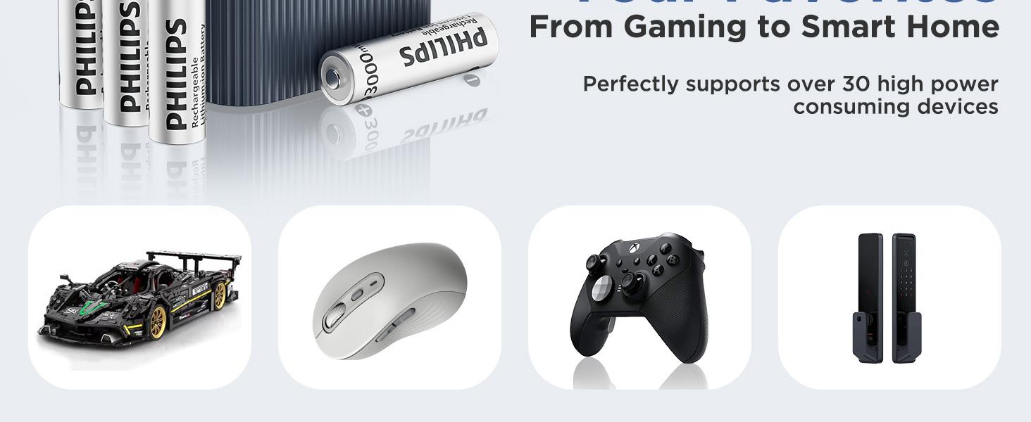 Philips Rechargeable AA Lithium Batteries with Charger 8 Pack - 1.5V 3000mWh High Capacity Li-ion Double A Batteries 1200 Cycles Fast Charging for Xbox/Blink/Solar Lights