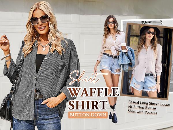 HOTOUCH Waffle Button Down Shirt Women's Casual Knit Tops Long Sleeve Loose Fit Shacket with Pocket 2025 Outfit HOTOUCH Waffle Button Down Shirt Women's Casual Knit Tops Long Sleeve Loose Fit Shacket with Pocket 2025 Outfit