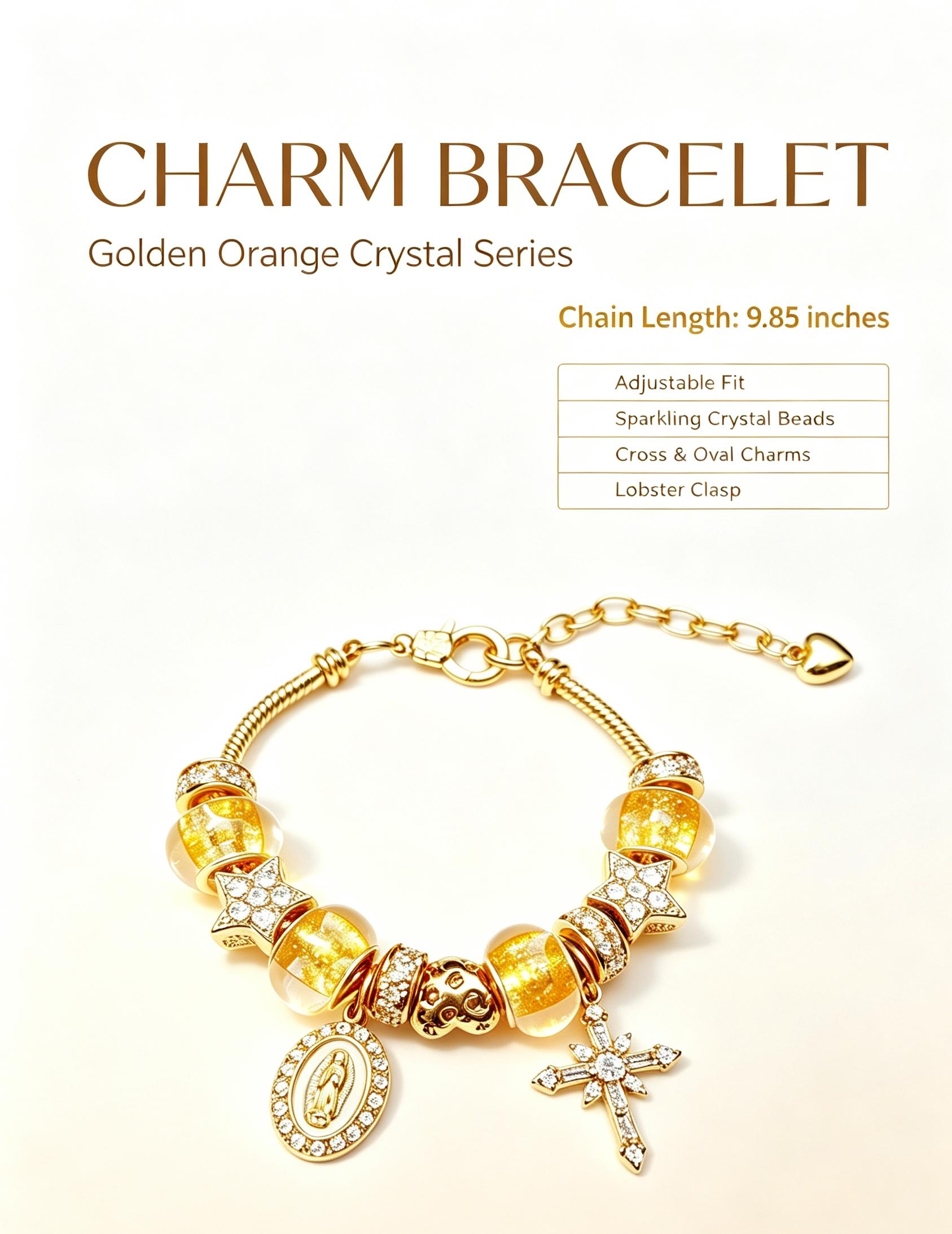 Luxury Gold Charm Bracelet with Virgin Mary & Cross Pendant Rhinestone Star Beads Fashion Religious Jewelry Gift for Her