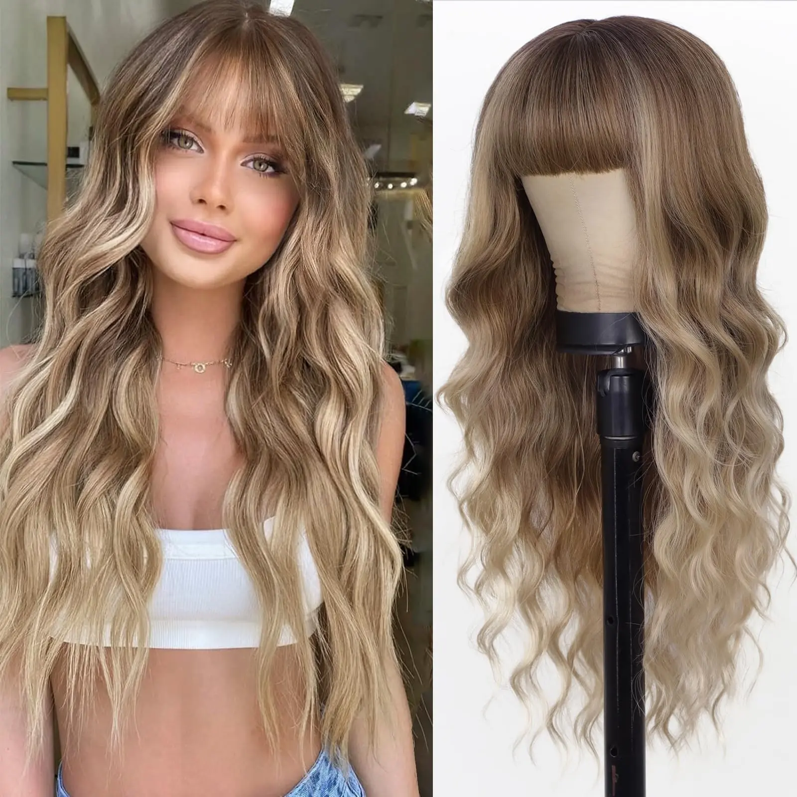 Ombre Blonde with Dark Root Wig with Bangs Long Blonde Wavy 