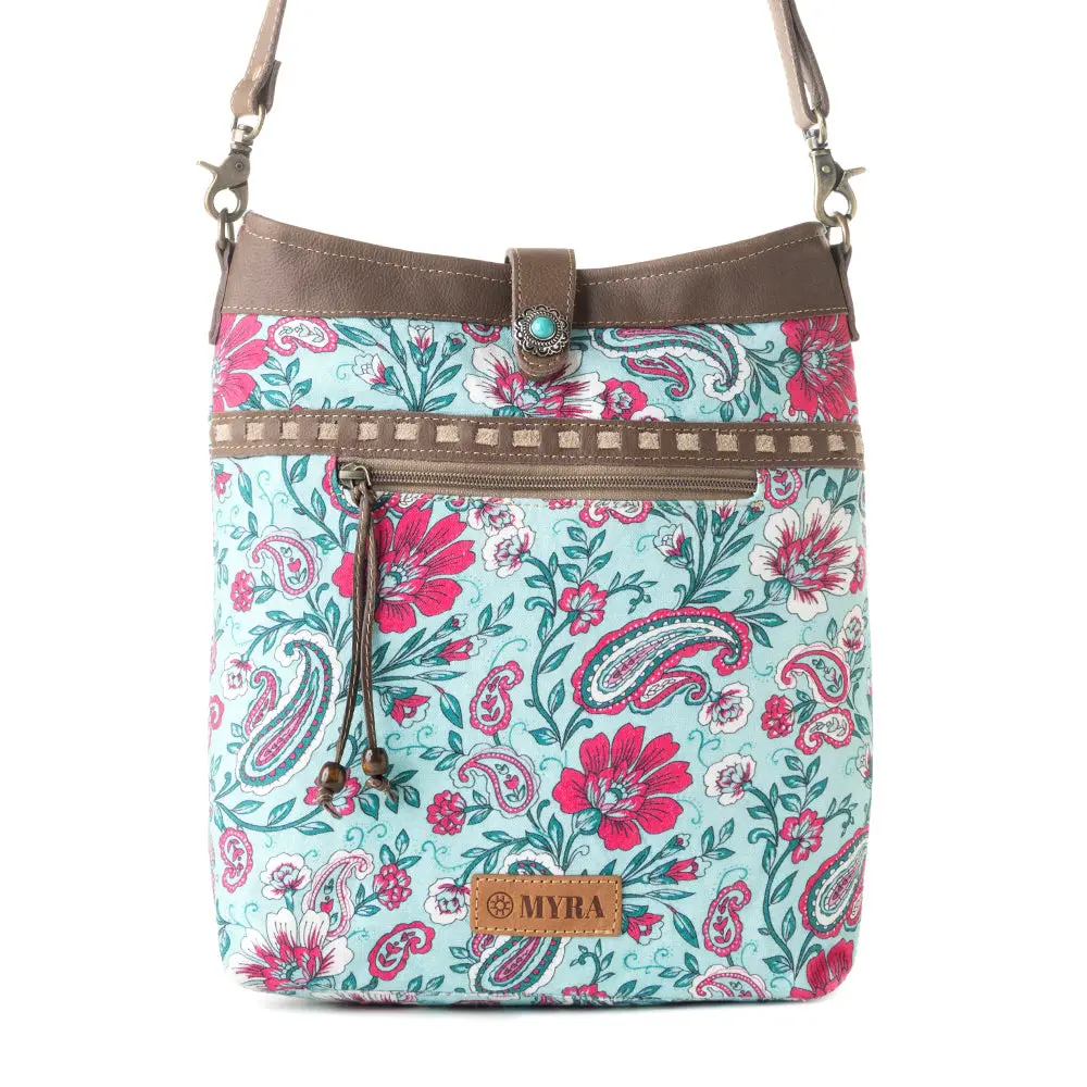 Women's Myra Aspendale Upcycled Canvas Shoulder Bag - Blue, 70% Cotton, Adjustable Strap, Casual Wear, Leather Details, Inside Zip Pocket, Concho Detail, Western Look, Shoulder Bags, Upcycled Fabric, Zip Closure, Fashionable Bags