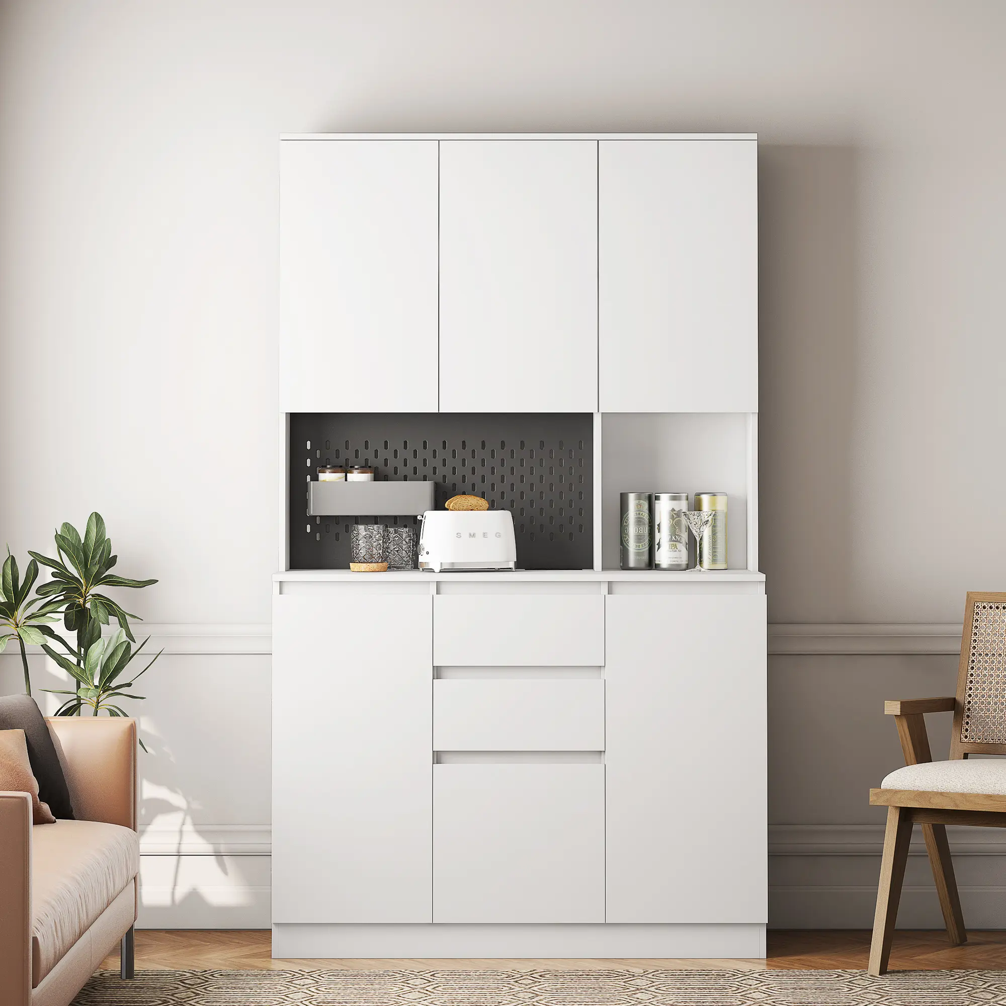 74-Inch Freestanding Kitchen Pantry Cabinet with Charging Station, Drawer, and Microwave Stand, White Particle Board