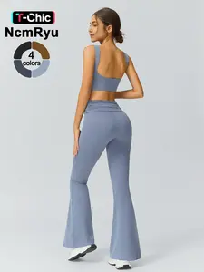 Women's Patchwork High Elastic Soft Naked Sense Square Hollow-out Beautiful Back Bra Stacked Waist Trousers Yoga Clothes suit Outdoor Running Cycling Climbing Walking Fashion Bra Flared Pants Gym sports training Joker suit Ruched Sports Flare