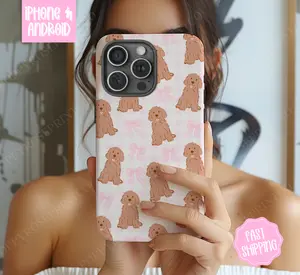 Coquette Puppy Phone Case, Pink Bows Phone Case Mag Safe Compatible, Magnetic Tough Cases