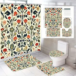 4pcs Vintage Floral Botanical Bathroom Set with Shower Curtain, Toilet Seat Cover & Coordinated Bath Mats in Muted Autumn Tones, Classic Elegant Design Perfect for Cozy Fall & Thanksgiving Home Décor