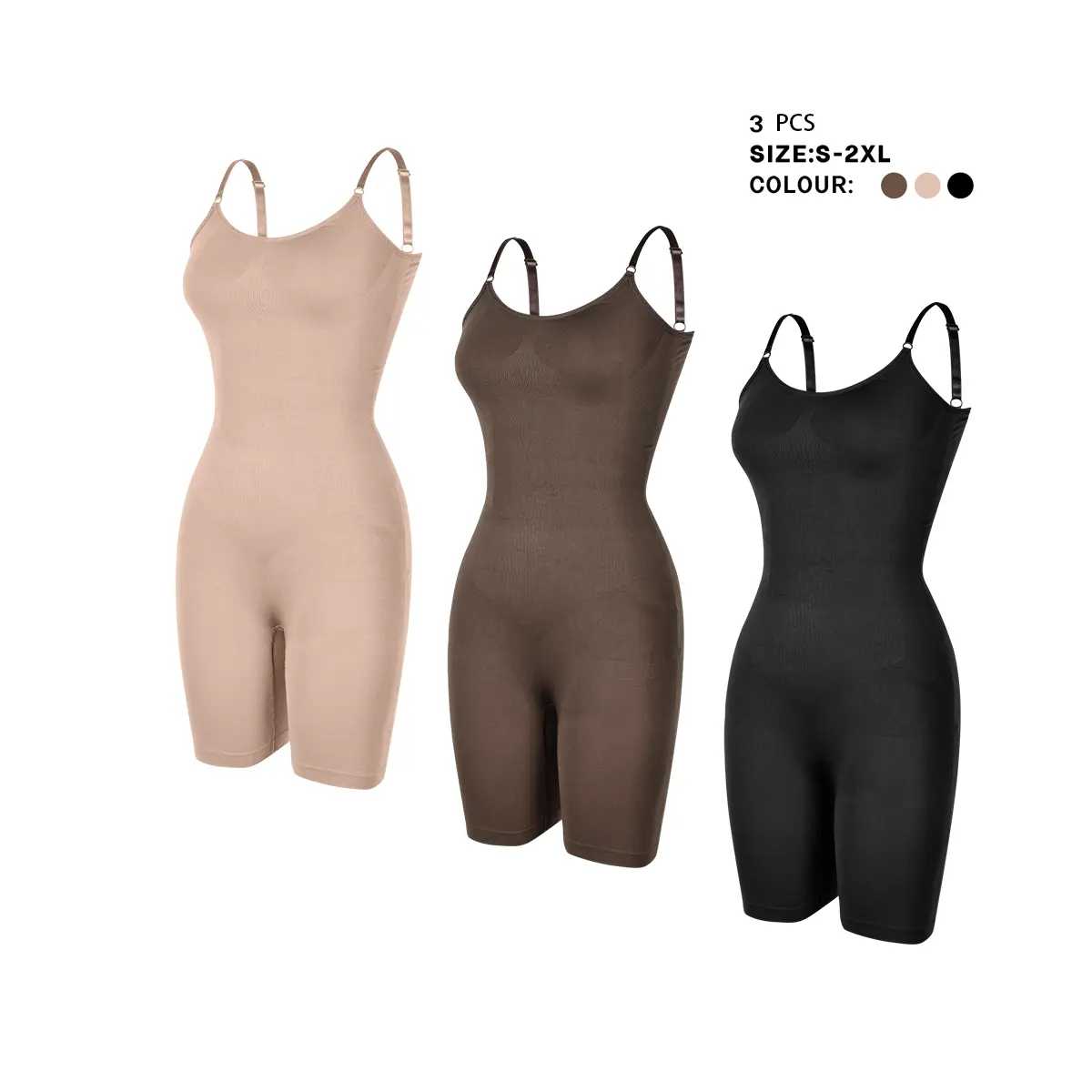 3pcs HIXOWIA Women's Full-Body Seamless Shapewear Bodysuit - Tummy Control, Butt Lifter, Adjustable Straps, Buttery Soft Multicolor
