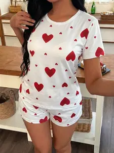 Women's Short Sleeve Shorts Pajama Set, Heart Print, Loose Fit Casual Sleepwear, Summer Nightwear, Comfortable Home Loungewear, Matching Pajamas