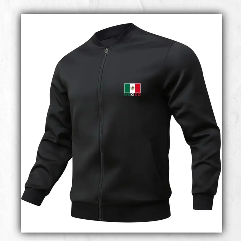 [Polyester Geometric Jacket] Polyester Geometric-Pattern Jacket - Men's Regular Fit Casual Outdoor Activity Jacket with Mexican Eagle Print, Baseball Collar, Zipper Closure, Pockets, and Stretch Fabric