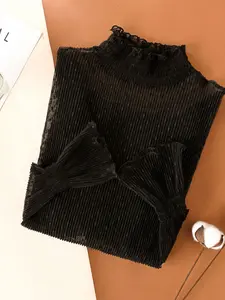 Women's High Neck Mesh Sheer Slim Fit Long Sleeve Top Blouse, Chic Casual Patchwork Design, Perfect for Office, Home, Outing, Party