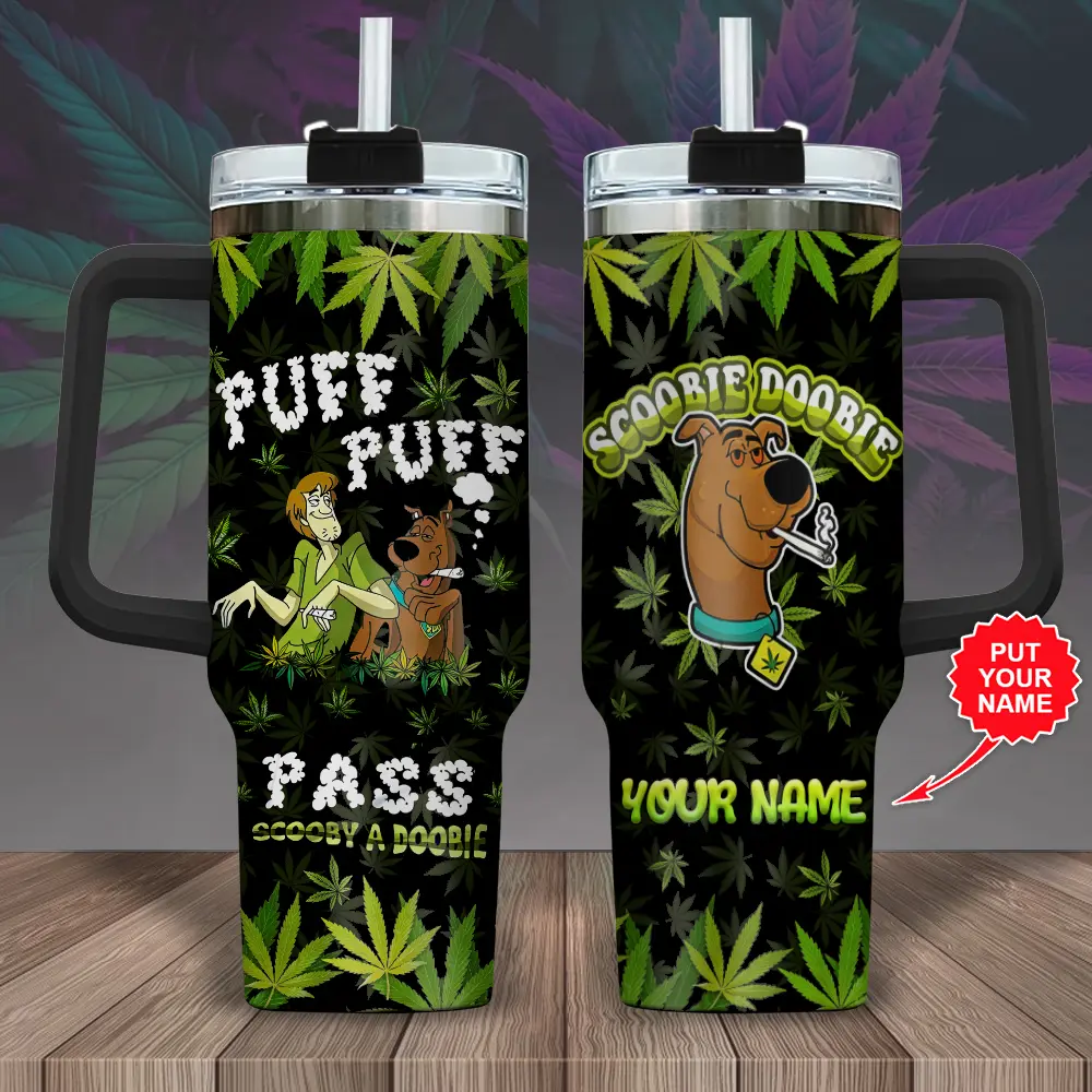 Personalized Scooby-Doo Puff Puff Pass 40oz Tumbler with Handle & Straw, Custom Name Scooby Doobie Insulated Cup, Stoner Cartoon Travel Mug, Funny Retro Fan Gift for Adults