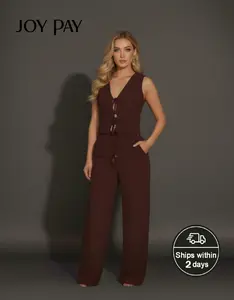 JOYPAY Women's 2-Piece Sleeveless V-Neck Tie Front Top & Wide Leg Pants Set, Chic Lightweight Minimalist Basic Comfortable Breathable Adjustable Tie Casual Beach Wear
