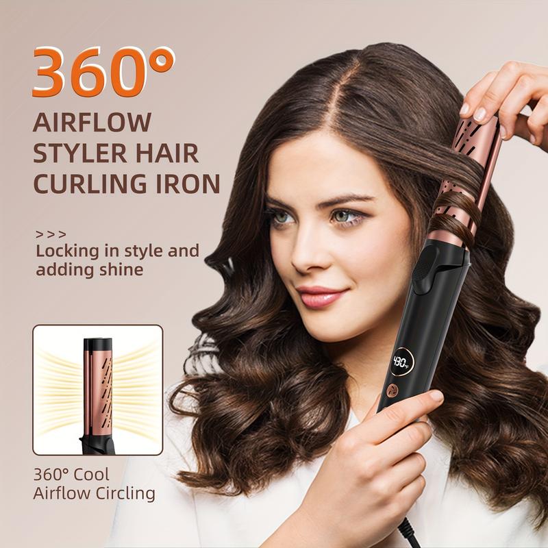 Airflow Styler Curling Iron - Ceramic Flat Iron Hair Straightener and Curler 2 in 1, Professional Curing Wand with 360° Ionic Cool Air, 5 Adjustable Temps & Dual Voltage for Long Short Hair