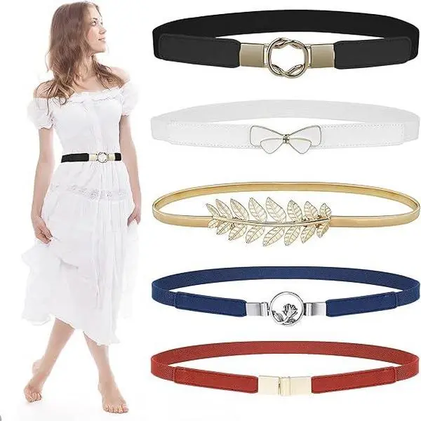 5 Pack Skinny Belts for Women, Fashion Dress Belts Stretch Women Waist Belts Plus Size Elastic Waist Band for Dresses