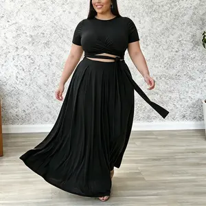 Echoine Women's Plus Size 2 piece sets Outfits Short Sleeve Knot Front Wrap Empire Crop Tops and Elastic Waist Ruched Long Skirt Plain Casual Sets Womenswear Polyester Suits Clothing Comfort Solid Party sets two piece set Fabric