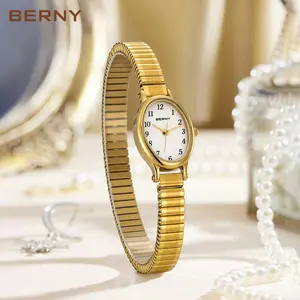 BERNY Gold Watches for Women Dainty Quartz Wristwatch Elegant Oval Female Watch Waterproof Stainless Steel Detachable Expansion Stretch Band Arabic Numerals High Quality Lightweight Minimalist Birthday Gift, Reloj, Fashion Summer Accessories