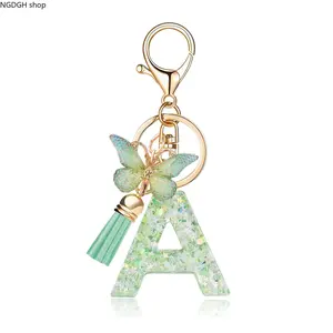 Cute Green Letter A Keychain - Trendy Glitter Resin Butterfly Tassel Initial Key Ring with Star Confetti, Gold Hardware & Soft Tassel, Lightweight Durable Cute Design, Perfect for Bag Charm Purse Phone & Aesthetic Daily Accessory