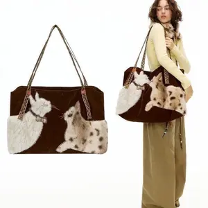 26 New Autumn and winter "Fluffy Cat Dialogue" eco-friendly fur heavy embroidery large-capacity tote single-shoulder bag for women