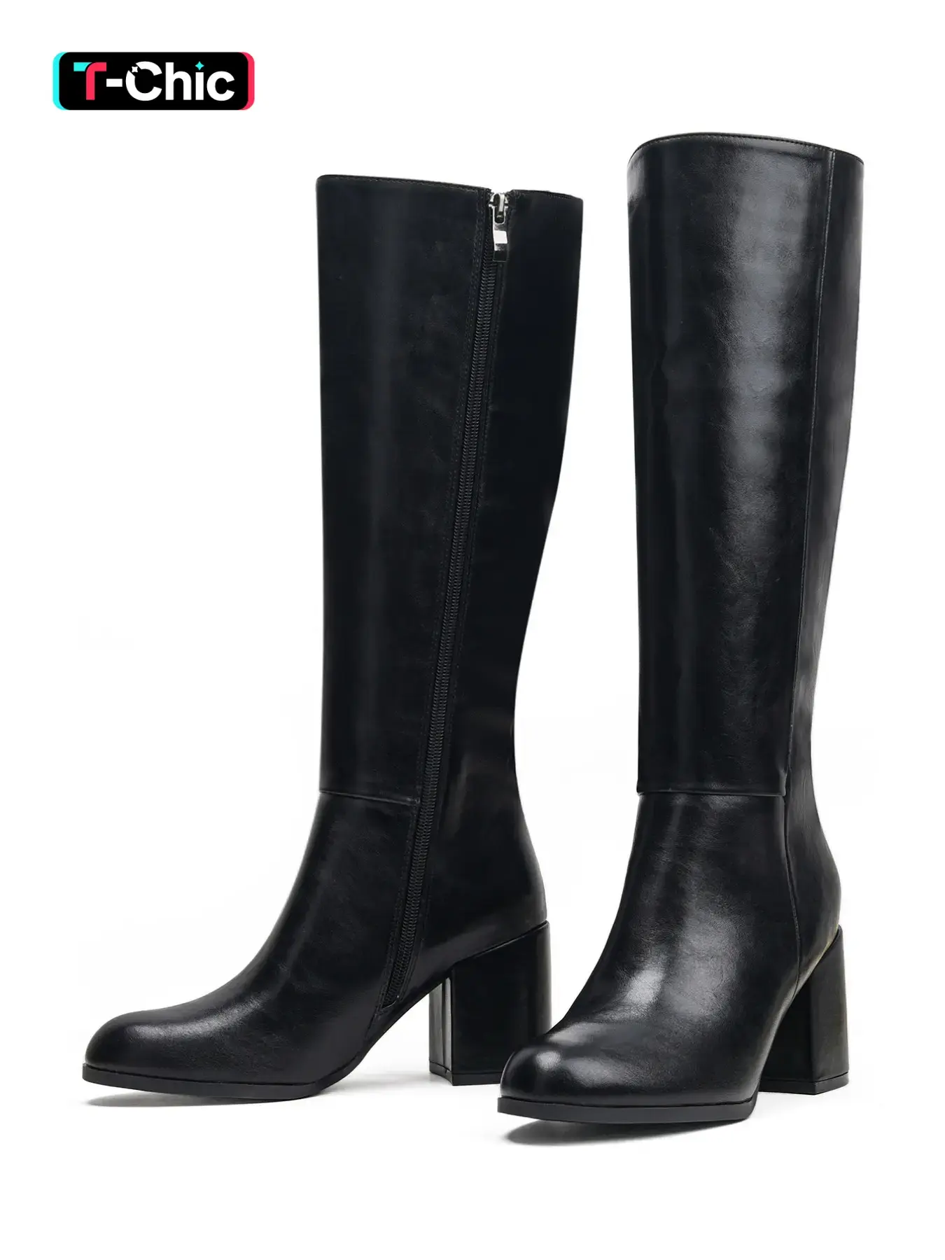 Women's High Heel Knee-High Boots, PU Leather Zipper Pointed Toe, Fall & Winter Fashion, Comfortable and Stylish, Perfect for Casual Wear, Block Heel Boots, Boot Heels
