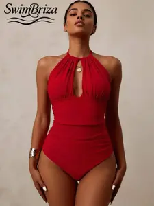 Briza｜Red Halter-Neck One-Piece Swimsuit, Perfect For Vacations And Beaches, With A Pleated, Fitted Waist To Conceal Any Unwanted Curves.