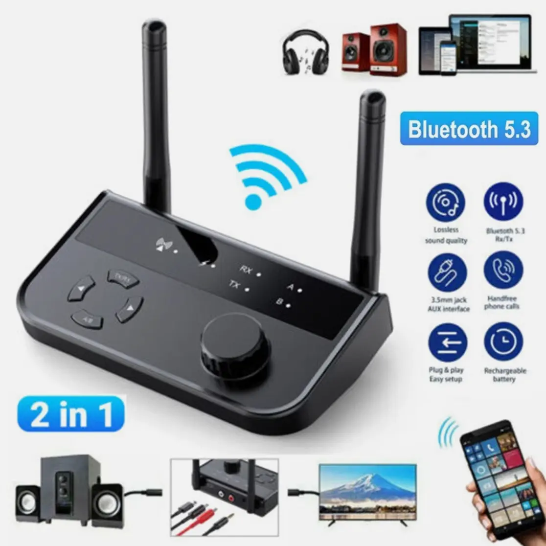 Transmitter Receiver Long Range Bluetooth 5.3 for TV Home Stereo Audio Adapter with 2 in 1 Functionality and Enhanced Performance