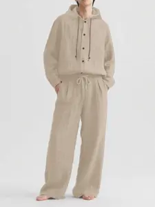 American Style New Autumn Linen Casual Set, Loose Breathable Men's Long Sleeve Long Pants Outfit