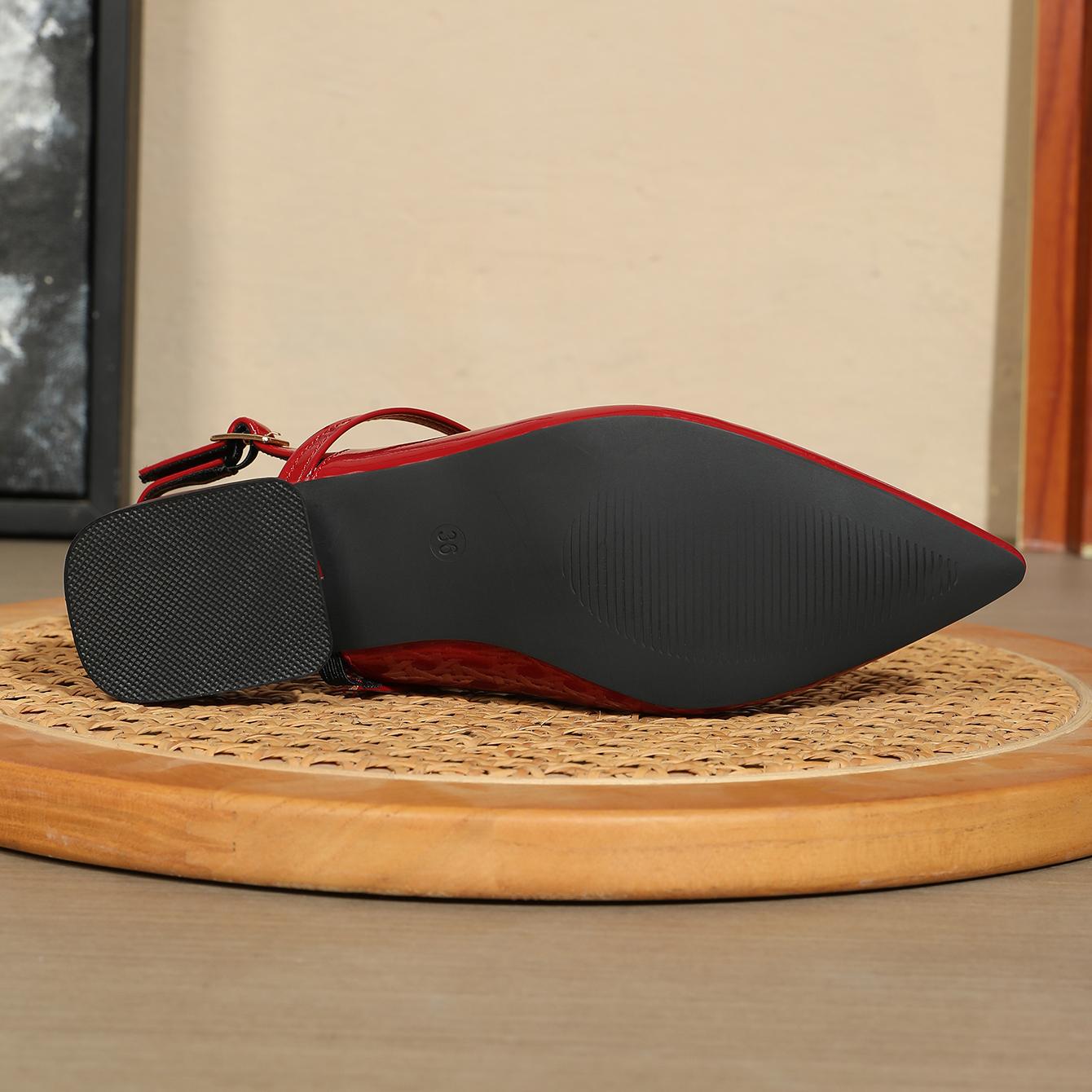 Women's Cute Solid Wedding Pointed Toe Adjustable Strap Buckle Low Heel Pumps Shoes 0.98 Inch, Red Closed Toe Strappy Pumps for Women Comfortable, Sexy Party Work Dress Prom Shoes