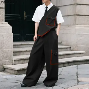 INCERUN Men's 2-Piece Fashion Matching Mensfashion Set - Sleeveless Vest, Wide-Leg Cargo Pants with Pockets, Geometric Irregular Patchwork, Black Outfit for Office, Party