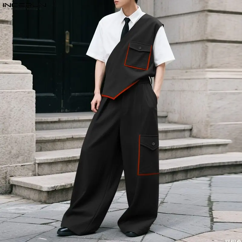 INCERUN Men's Avant-Garde 2-Piece Set, Asymmetrical Vest & Wide-Leg Cargo Pants, Utilitarian Fashion Menswear for Office & Art Galleries