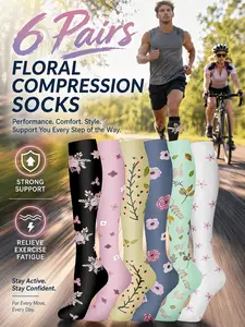 6 Pairs Compression Socks for Men and Women, Ideal for Running and Cycling, Reduces Fatigue, Casual Fitted Cartoon Pattern, All Seasons, Sports Running Socks