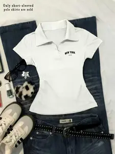 Women's Casual Slim Fit Logo Graphic Short Sleeve Polo T-Shirt, Fashionable Everyday Style, Versatile for All Seasons, Womenswear