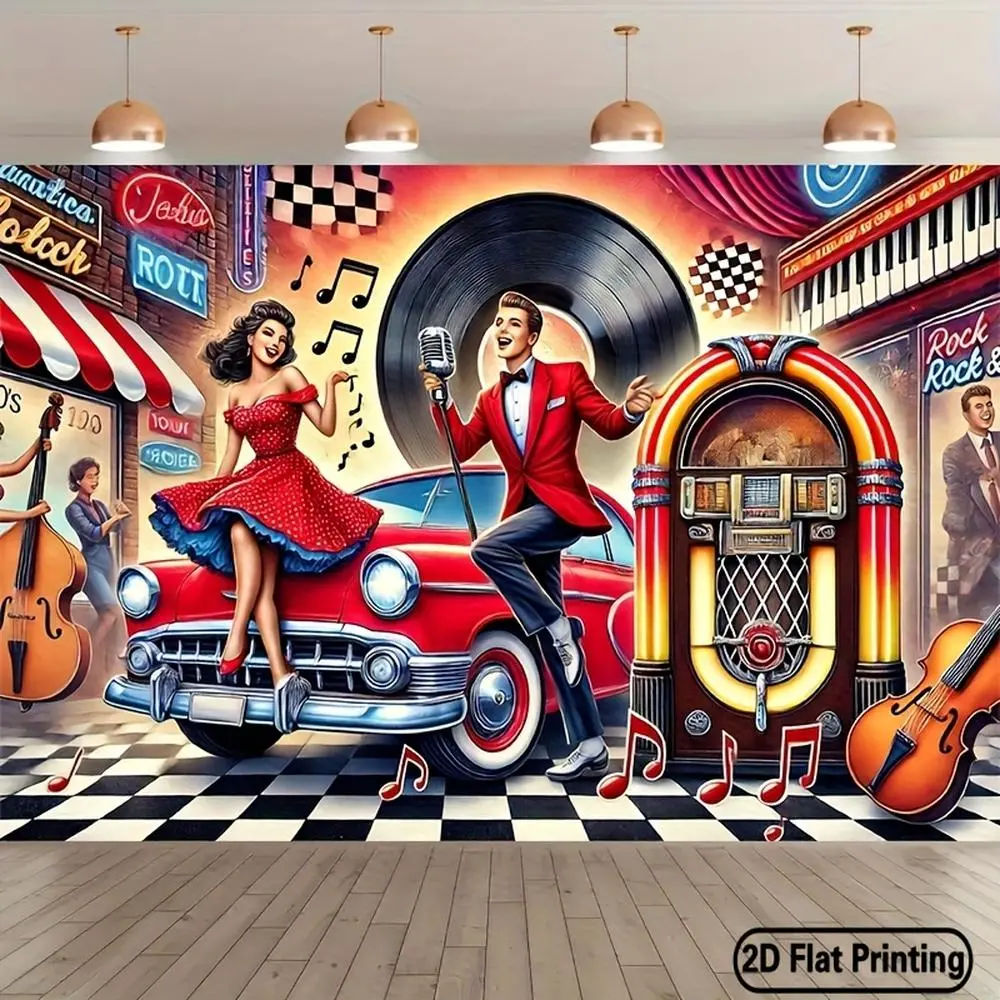 1pc Polyester 2D Flat Photography Backdrop Banner - Retro Car, Vintage Rock 'n' Roll Design with Red Car, Jukebox, Checkered Floor - Outdoor Party, Studio Textile Prop for Party Hosts, Prints, Glam