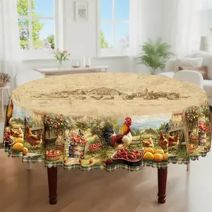 1pc, Spring Summer Themed Party Tablecloth, Vintage Buffalo Check Rooster Apple Chick Country Farmhouse Style Printed Design, Rectangular/Round/Oval Table Cloth, Embossed Edge, Suitable For Indoor Outdoor Dining Picnic Dinner Dining Room Decoration