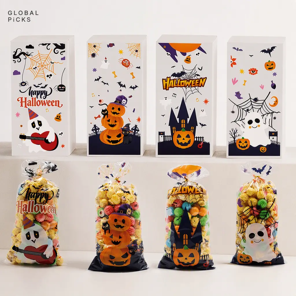 100 Pack Halloween Treat Bags, Clear Cellophane Candy Bags for Party Favors, Flat OPP Gift Bags for Candy, Snacks, Cookies & Small Gifts, Trick or Treat Halloween Party Packaging Supplies