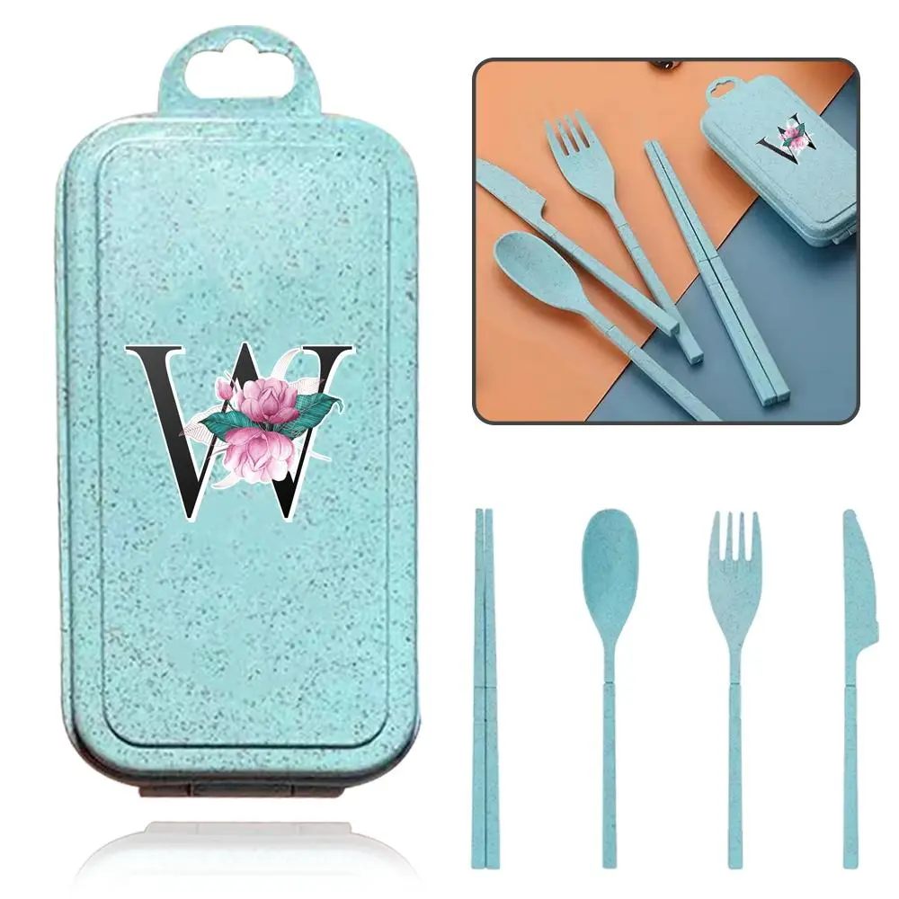 Letter Pattern Cutlery Set, 4 Counts/set Including Storage Box & Fork & Spoon & Knife & Chopsticks, Portable Tableware Set for Indoor & Outdoor