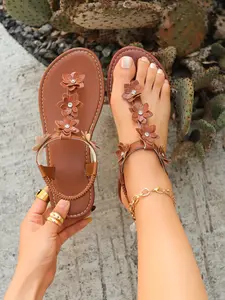 Women's Floral Rhinestone Toe-Post Sandals, New Flat Soft Non-Slip Beach Vacation Shoes, Fairy Style Summer Footwear