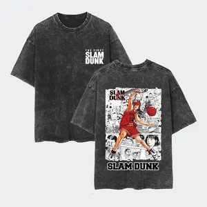 Menswear Vintage Washed Distressed Round Neck Slam Dunk Sakuragi Hanamichi Tee, Retro Anime Basketball Casual Shirt for Men, Oversized Streetwear Top, Festive Gift for Anime & Hoop Fans, Limited Stock