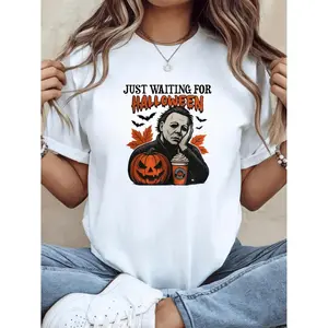 Just Waiting for Halloween Graphic T-Shirt - Unisex Casual Short Sleeve Tee with Jack-O'-Lantern & Pumpkin Design, Breathable Round Neck, Perfect for Summer, Halloween, and Casual Attire, Ideal Gift for Men and Women, Halloween T