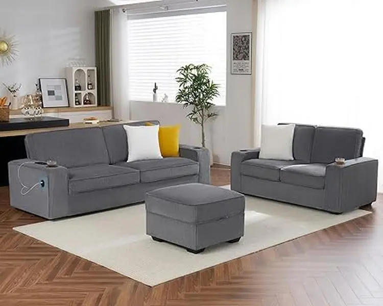 VanAcc Sofa, 87 inch Modern Sofa Couch with USB Charging Ports & Cup Holders, Comfy Sofa- Deep Seat Chenille Couch for Living Room