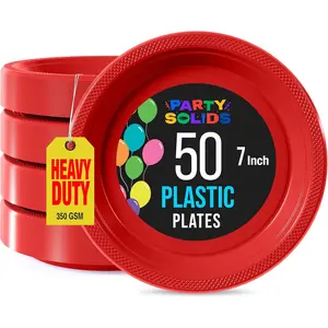 7" Red Solid Heavy Duty 50 Pcs Disposable Plastic Plates 350 GSM Dinnerware Sets For Party Supplies