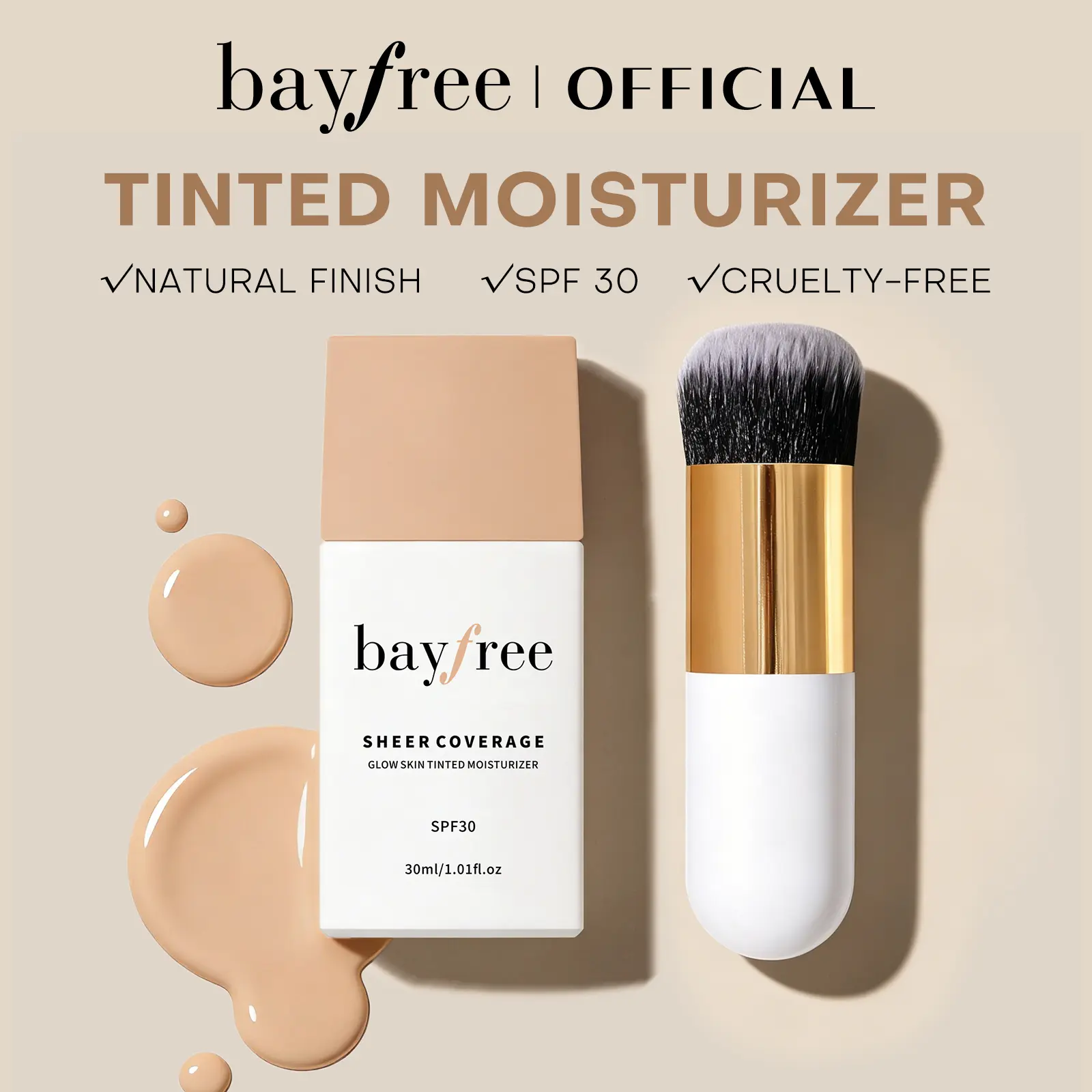 bayfree Tinted Moisturizer SPF 30, Hydrating Facial Makeup with Sheer Coverage for a Flawless Glow, Lightweight & Buildable Formula for Daily Use, Vegan