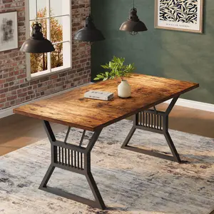 70.8 Inch Farmhouse Dining Table, Seats 6–8 People, Sturdy Kitchen Table with Heavy-Duty Metal Legs, Rustic Wooden Dinner Table Perfect for Dining Room, Kitchen and Living Room