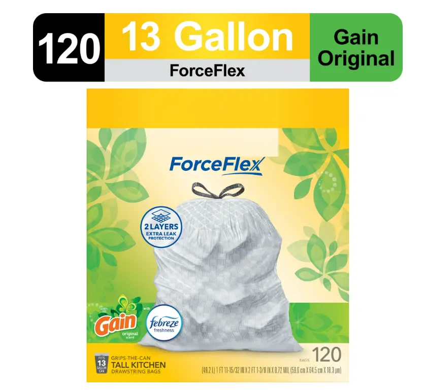 Gain Tall Kitchen Drawstring Trash Bags 13 Gallon, 120 Count with Febreze Freshness, Original Design