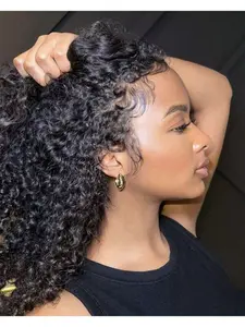 Kinky Curly Half Wig Human Hair, Glueless Wigs, 3 in 1 Half Wig with Drawstring, Seamless Clip, Easy to Wear, No Glue, No Lace, Glueless Afro Wig