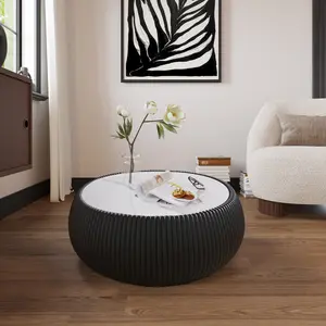 Modern Round Coffee Table - Solid Light Marble Top, Leather Wrap Finish, Textured Surface, Indoor Living Room Furniture