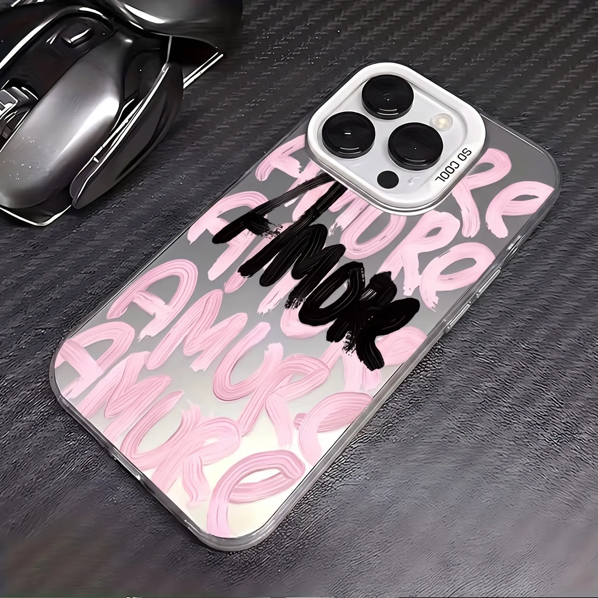 Pink Amor Oil Paint Brush Typography Holo Frame Phone Case Minimalist Lettering Graphic 2D Print Silver Matte Mirror Cover for iPhone SE-17 Pro Max