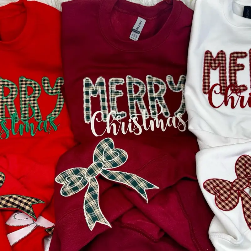 Merry Christmas appliqué Embroidered Sweatshirt- with or without side bows