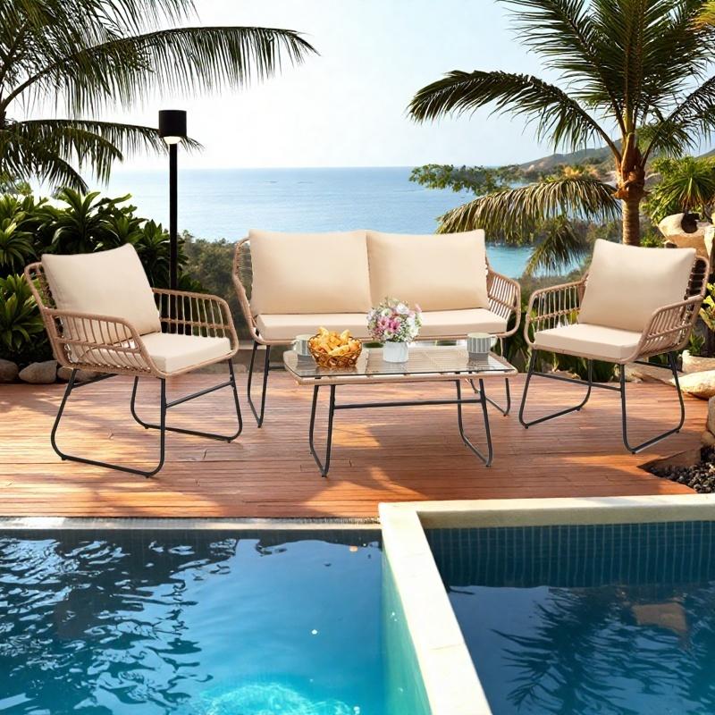 4 Piece Patio Bistro Outdoor Furniture Set, Wicker Sofa, 2 Rattan Chairs, and Table, Backyard Conversation Set, All Weather Cushions, Natural Rattan Beige Cushion ，outdoor furniture