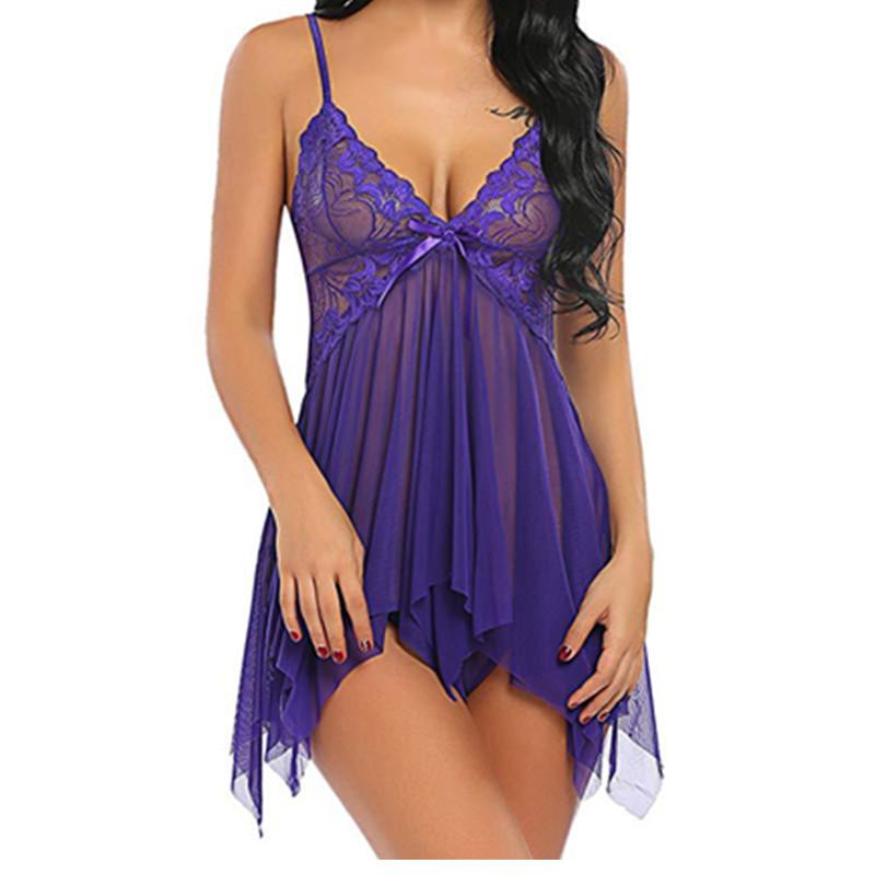 Sexy V Neck Ruffle Sheer Mesh Lace Wireless Lingerie Dress with Thong 2 Piece