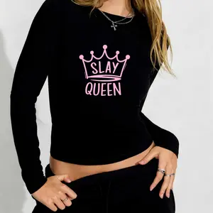 1pc Slay Queen Crown Graphic Print An Elegant And Versatile Women's Round Neck Long Sleeve Slim Fit T-Shirt, Vintage Y2K  Fashion Clothes, Back To School Clothes Sale, Fall Clothes For Women Tops